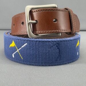 Jos A Bank Mens Canvas Golf Belt Brown Leather Silver Buckle 44